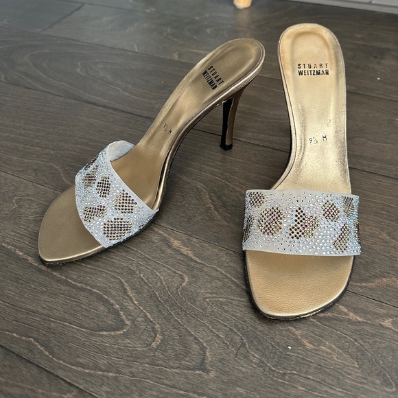 Stuart Weitzman Gold Mesh Slip On Sparkly Heels - Picture 2 of 8